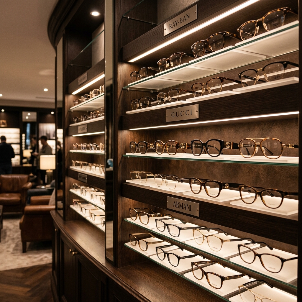 Colecție rame ochelari premium expuse în optică medicală